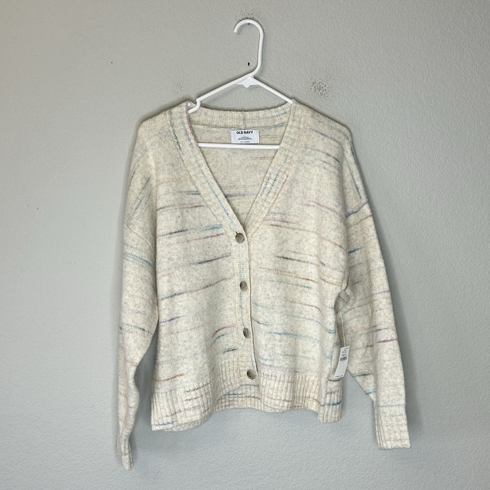 NWT Old Navy Slouchy Button Down Wool Blend Cardigan Size L Multi Stripe Rainbow